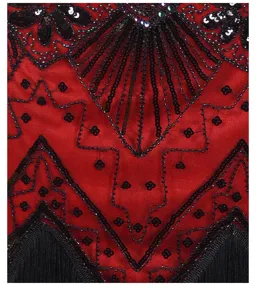 Close-up view of vintage 1920s sequin beaded dress fabric with rich black fringe details.