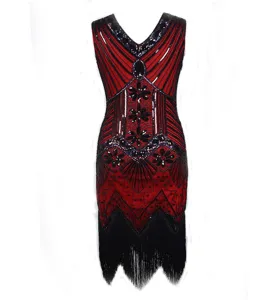 Close-up detail of the 1920s vintage sequin beaded V-neck flapper dress with black fringe.