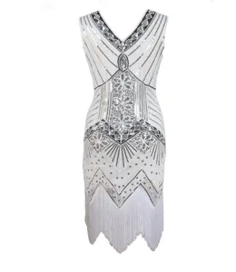 1920s Vintage Sequin Beaded V-Neck Fringe Flapper Dress Elegant Party Gown Detail