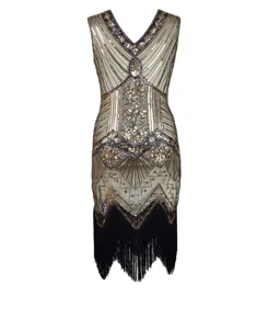 1920s vintage sequin beaded V-neck fringe dress elegant retro party evening gown.