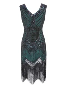 1920s vintage sequin beaded fringe dress, elegant V-neck sleeveless party evening gown.