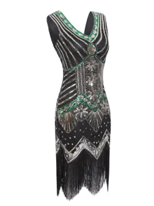 1920s Vintage Sequin Beaded Flapper Dress V-Neck Fringe Retro Party Evening Party Dress
