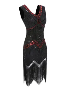Close-up detail of the 1920s vintage sequin beaded V-neck fringe dress texture and design.
