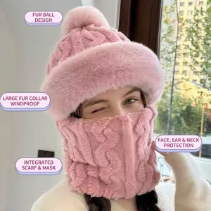 Ensemble bonnet et écharpe tricotés roses, bonnet chaud doublé polaire pour femmes.
