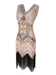 Close-up detail of the 1920s vintage sequin beaded dress with elegant black fringe.