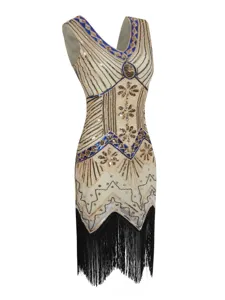Close-up detail of the 1920s vintage sequin beaded dress featuring intricate V-neck and fringe hemline.