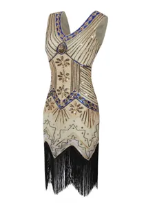 Vintage 1920s sequin beaded fringe dress elegant Gatsby party V-neck art deco flapper gown