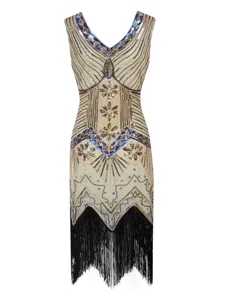 1920s vintage retro sequin beaded v-neck fringe sleeveless flapper cocktail dress