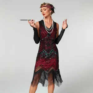 Women Vintage Flapper Dress V Neck Sleeveless Sequin Beaded Tassel Evening Gown Great Gatsby Party Dress Cocktail Dress