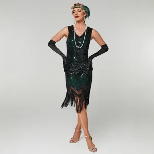 1920s vintage flapper dress sequin beaded fringe V-neck party gown main display view