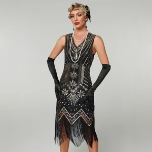 1920s vintage flapper sequin beaded fringe dress v-neck sleeveless elegant party evening gown