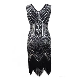 1920s vintage sequin beaded flapper dress, sleeveless V-neck fringe party evening dress main view.