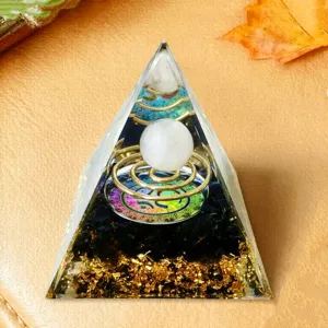 Crystal resin pyramid ornament with crystal ball copper coil healing energy home decor
