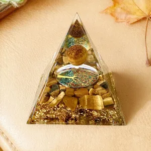 Resin Crystal Pyramid Tree of Life Ornament Home Decor Tiger Eye Stone Gold Foil 5cm