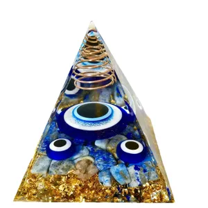 Orgonite pyramid crystal energy generator with evil eye and copper coil for home decor