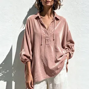 Velvet V-neck drawstring lantern sleeve loose pullover shirt detail view for women fashion.