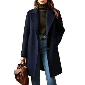 Elegante Damen Wollmischung Mantel Winter Freizeit Revers Einfarbig Lange Jacke Warm