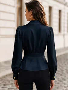Back view detail of elegant long sleeve satin blouse featuring waist cinched design for women.
