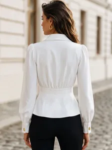 Elegant white long sleeve blouse with lapel collar and cinched waist for women commute.