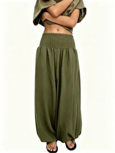 Pantalon lantern taille haute smocké vert olive, pantalon casual ample en coton et lin.