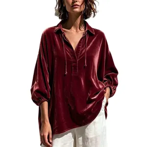 Women velvet V-neck long sleeve loose blouse stylish casual autumn winter pullover shirt