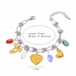 Bracciale con ciondoli bicolore in acciaio inossidabile con perline di cristallo e cuori.