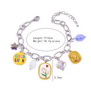 Bracciale con ciondoli bicolore in acciaio inossidabile con pendenti tulipano e rosa.