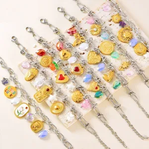 Bracciale Fashion in Acciaio Inossidabile Bicolore per Donna Placcato Oro Argento Cuore Sole Luna Ciondolo Gioielli Pendolare Quotidiano