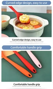 Détail de cuillère à soupe en silicone avec bord incurvé et poignée confortable à suspendre.
