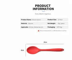 Infographie détaillée de cuillère de cuisine en silicone rouge avec dimensions et spécifications.