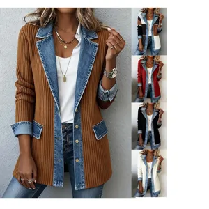 Mujer moda punto denim patchwork cárdigan manga larga slim casual abrigo de otoño