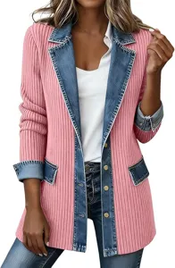 Blazer de mujer de manga larga de punto acanalado rosa con solapa y puños de mezclilla elegante