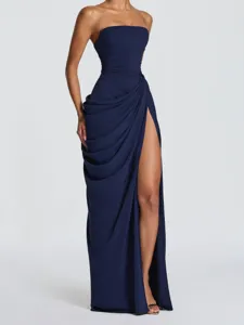 Elegant navy blue strapless evening gown with high slit and ruched bodice for women