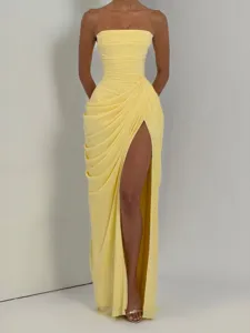 Elegant strapless high slit pastel yellow evening dress for women fashionable party wear