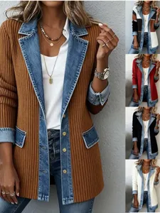 Chaqueta de Retazos de Manga Larga Ajustada Elegante para Mujer Otoño Casual de Punto Acanalado Denim Contraste Ropa de Abrigo Solapa Botón