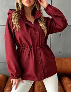 Women hooded waterproof jacket casual drawstring waist windbreaker outerwear for autumn