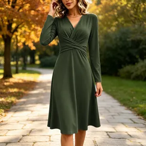 Solid V-Neck Long Sleeve Crossover Pleated Midi Dress Women Elegant Autumn Green Dress