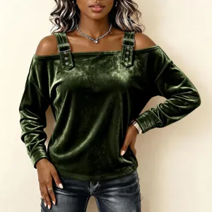 Dark green velvet off-the-shoulder long sleeve top with stylish strap details for women