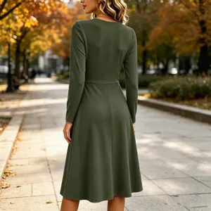 Long sleeve solid color V-neck midi dress with pleated waist for women autumn style.