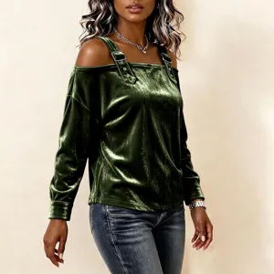 Women's green velvet off-the-shoulder long sleeve top with stylish strap and buckle details.