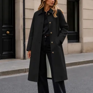 Elégant manteau trench long uni à revers simple boutonnage pour femme noir élégant