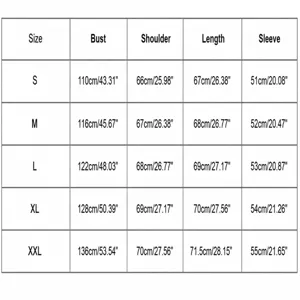 Women casual waterproof jacket size chart with detailed bust and length measurements.