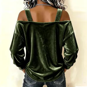 Green velvet off-the-shoulder long sleeve top with straps for women, stylish and elegant.