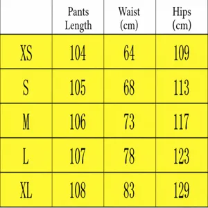 Official size chart for casual wide leg pants with detailed waist and hip measurements.