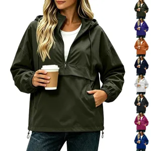 Women casual solid color half zip waterproof hooded windbreaker jacket detail view.