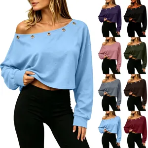 Women casual off-shoulder long sleeve crop top with metal eyelet details for autumn.