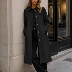 Vue de détail du manteau mi-long noir pour femmes à revers et boutons, mode automne.