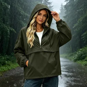 Green hooded anorak jacket women waterproof casual outerwear for autumn outdoor wear