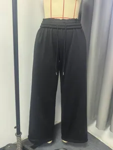 Women winter fleece lined wide leg sweatpants loose casual high waist pants black comfy trousers