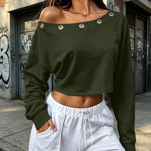 Solid color metal eyelet off shoulder long sleeve crop top casual tee for women autumn